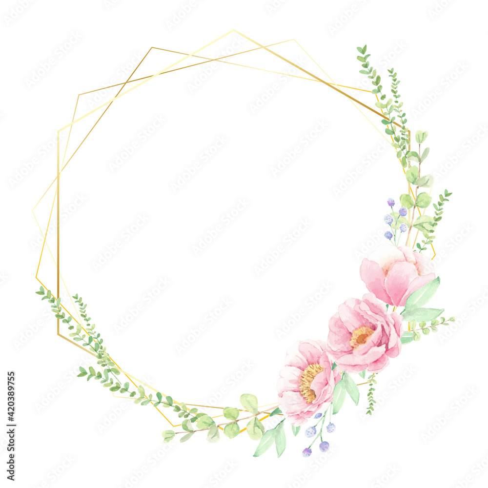 pink peony flower bouquet with golden geometric wreath frame for banner or logo