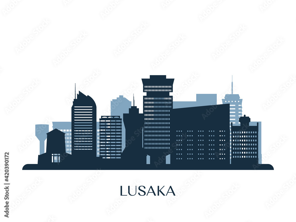Lusaka skyline, monochrome silhouette. Vector illustration.