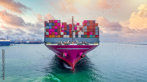 Container ship global business freight import export logistic transportation at commercial dock seaport, Container cargo vessel freight shipping industry company logistic worldwide.