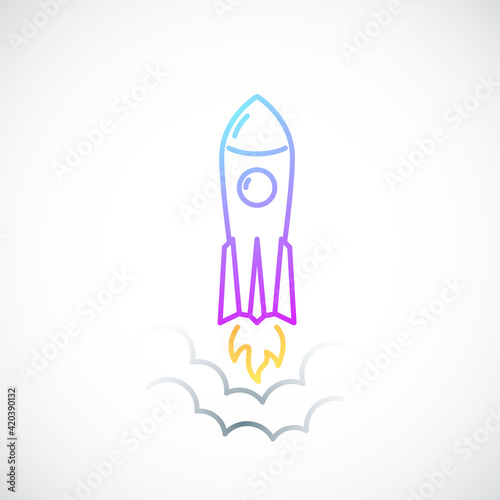Rocket simple icon with flame and smoke. Colored Rocket emblem in line style. Vector illustration.