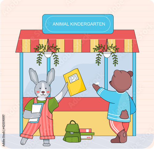 Animal kindergarten cartoon wild baby forest animals attend classes and play games in nursery school