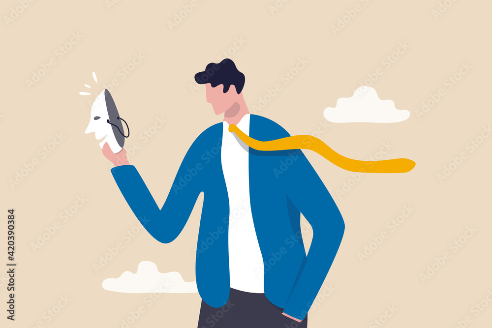 Imposter syndrome, hypocrisy, business dishonest or liar, fake, crime or fraudulent concept, depressed anonymous businessman holding smiling mask thinking about being or acting like another person. Imposter syndrome, hypocrisy, business dishonest or liar, fake, crime or fraudulent concept, depressed anonymous businessman holding smiling mask thinking about being or acting like another person.