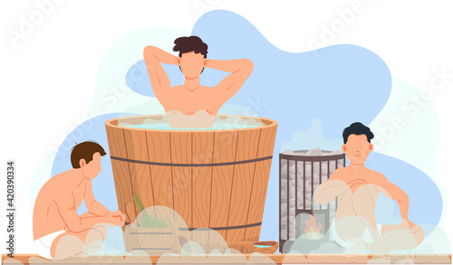 Male characters in hot steam spending time and communicating together in sauna with wooden font