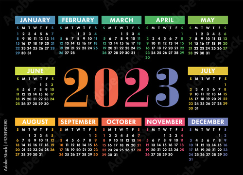 Calendar 2023 year. English colorful vector horizontal wall or pocket calender template. Design. New year. Week starts on Sunday