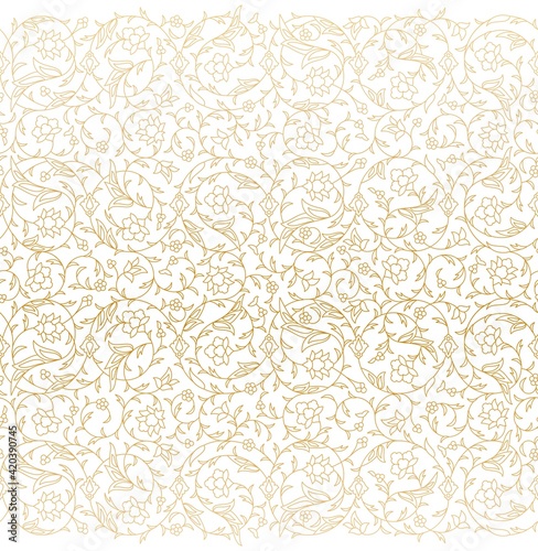 Arabesque Arabic seamless floral pattern. Branches with flowers, leaves and petals