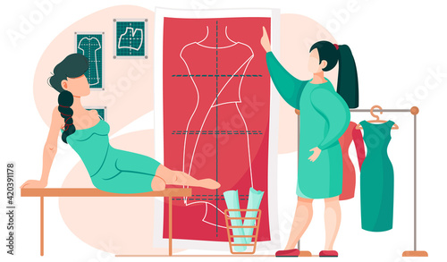 Seamstress points to poster with pattern. Girl sitting on table looks at design of unfinished dress