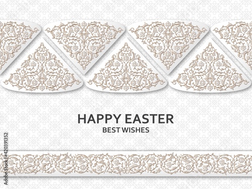 Happy Easter background with arabesque floral pattern. Good design template for banner, greeting card, flyer