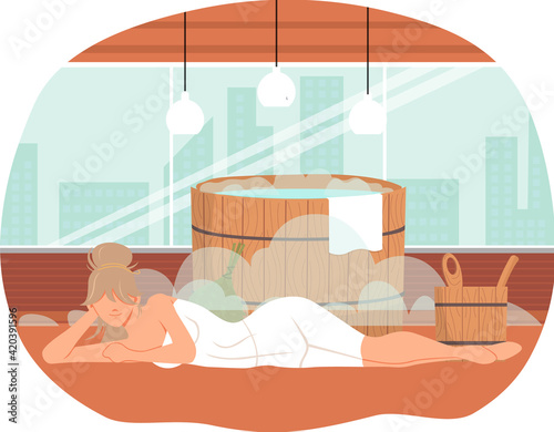 Woman lying near tub with hot water. Girl next to wooden barrel is resting in sauna with steam