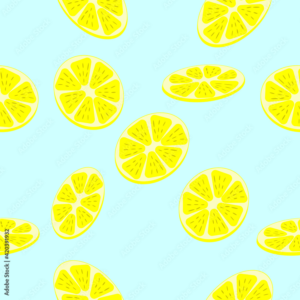 Seamless pattern of sliced lemon isolated on blue background. Vector illustration.