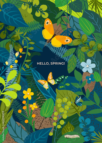 Beautiful floral background with text Hello Spring, leaves, colorful flowers, caterpillar, butterflies. Summer concept for wedding, kids, greeting card, cover social network. Vector illustration