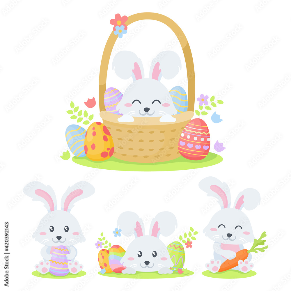 Cute easter rabbits. Set of rabbits with easter eggs, basket and carrots. Illustrations of little bunnies. Cute easter rabbits. Set of rabbits with easter eggs, basket and carrots. Illustrations of little bunnies.