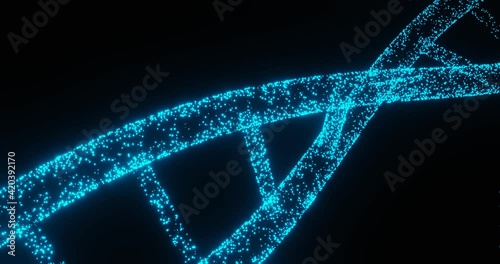 CGI shot of glowing blue DNA model rotating in dark