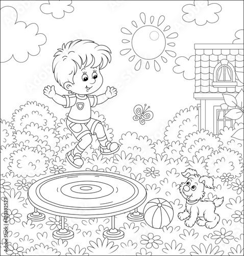 Happy little boy playing with his small pup and jumping on a toy trampoline on a front lawn on a sunny summer day, black and white outline vector cartoon illustration