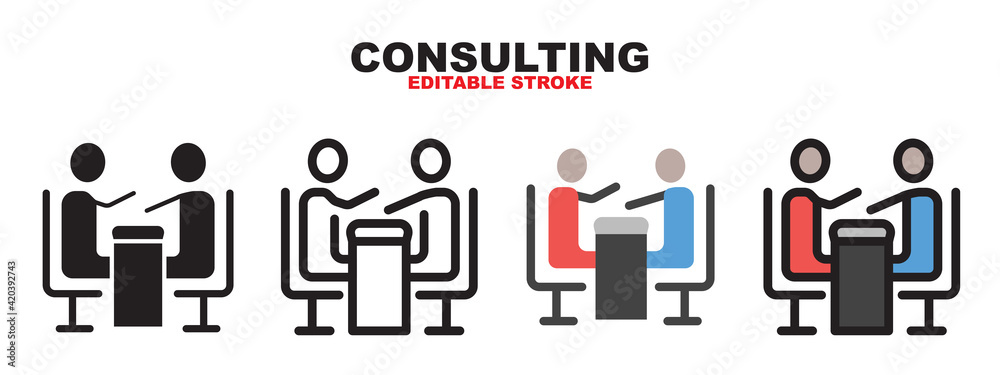 Fototapeta premium Consulting icon set with different styles. Editable stroke and pixel perfect. Can be used for web, mobile, ui and more.
