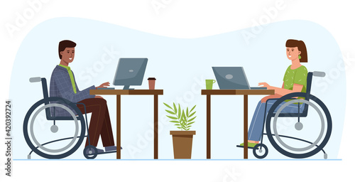 Disabled people work in the office. Available employment for people with special needs.