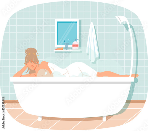 Lady lying in bathtub is relaxing in bathroom and bathing with steam and foam vector illustration