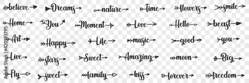 Lettering words with arrows doodle set. Collection of hand drawn various words sweet believe time flowers smile good hello big freedom kiss family stars live fly music on transparent background