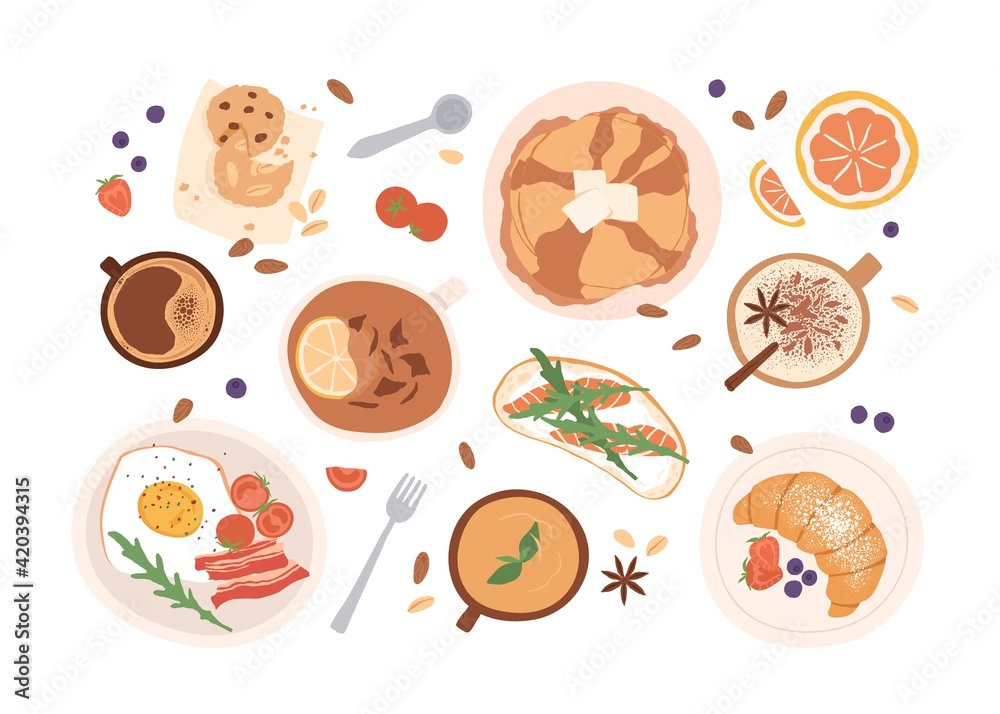 Top view of breakfast food and drinks isolated on white background. Set of meals for brunch or lunch. Colored flat vector illustration of bacon and egg, pancakes, croissant, cups of tea and coffee Top view of breakfast food and drinks isolated on white background. Set of meals for brunch or lunch. Colored flat vector illustration of bacon and egg, pancakes, croissant, cups of tea and coffee