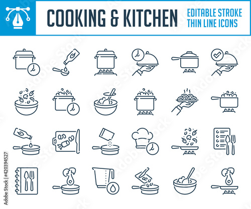 Cooking and Food preparation thin line icons. Boiling and frying food on kitchen outline icon set. Editable stroke icons.