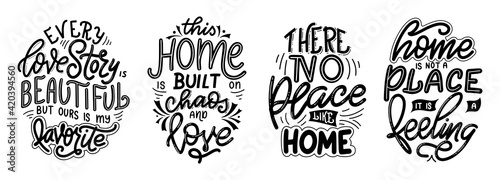 Set of home quote on white background. Photography family overlays. Hand drawn lettering poster for housewarning poster, greeting card, decoration. Vector illustration