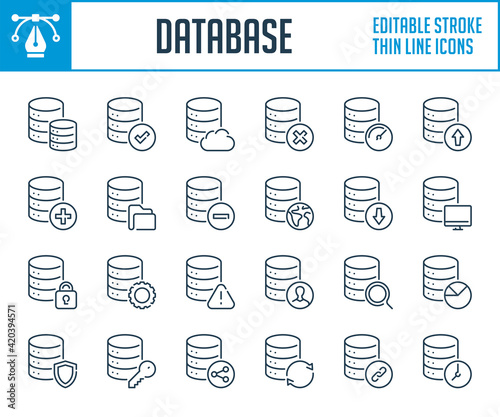 Database and Data services thin line icons. Hosting server and Online storage equipment outline icon set. Editable stroke icons.