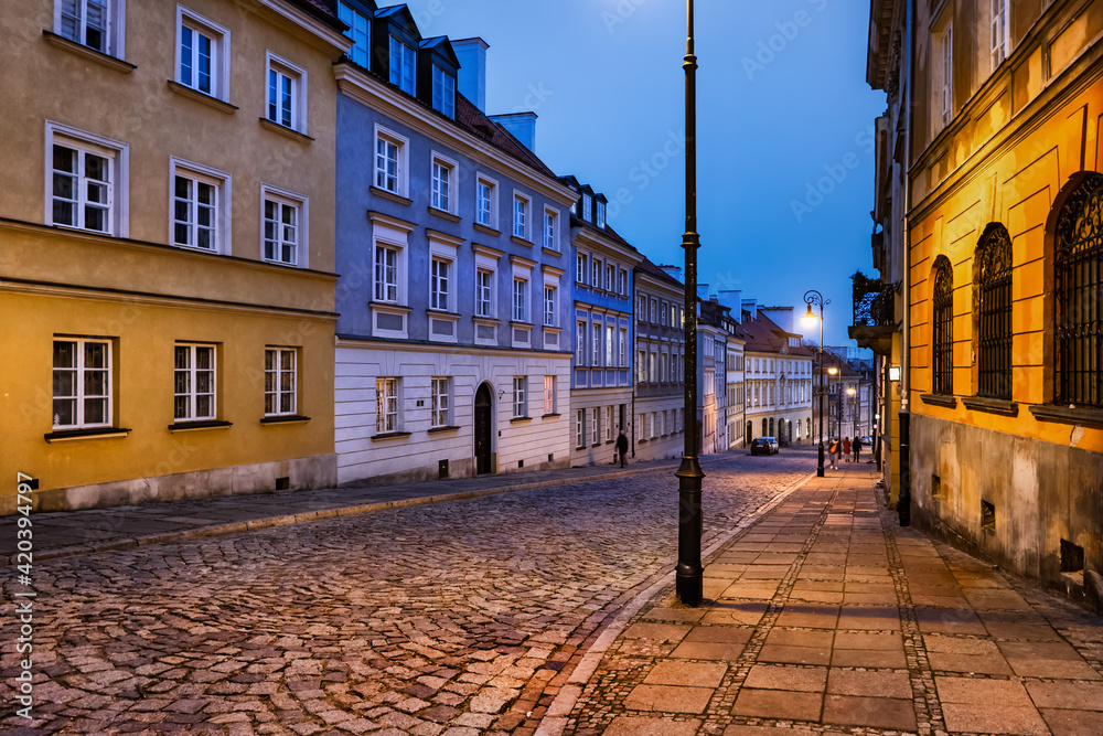 Street in New Town of Warsaw at Night in Poland
