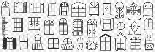 Windows and frames doodle set. Collection of hand drawn various shapes and forms of windows for buildings with closed or open shutters isolated on transparent background