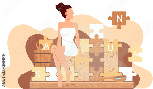 Pieces of puzzle with inscription sauna. Girl wearing white dress having rest and taking steam bath