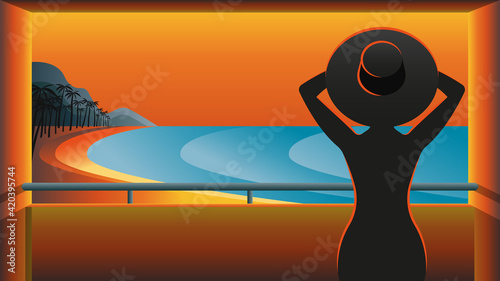 Dark silhouette of a woman in hat on the balcony of a hotel against the backdrop of a tropical resort landscape illustration, palm trees, ocean, mountains and beach line against the sunset or sunrise.