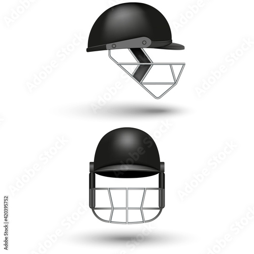 Realistic 3d black cricket helmet mockup isolated on white background front and side two views, vector object sport equipment head protection