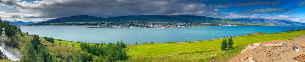 Fototapeta premium Akureyri panoramic view with city countryside and fjord