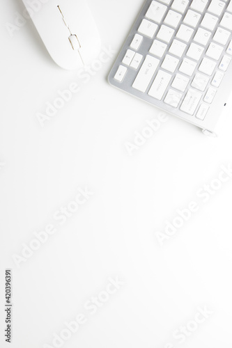 Vertical flat lay. Top view mouse and keyboard on a white office table with copy space, workspace blank. Office table concept.