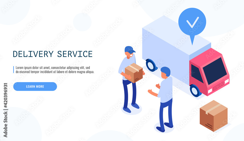Delivery service concept. Postman gives the box to the male client. Delivery van on background. Isometric web banner. Vector.