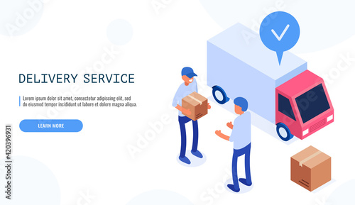 Delivery service concept. Postman gives the box to the male client. Delivery van on background. Isometric web banner. Vector.