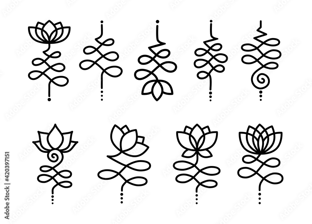 Bundle of simple outline Unalome Lotus. Black Flowers isolated on white  background. Sacred Buddhist Floral Symbol. Yoga Studio Logo Design. Tattoo  design. Hindu style. Vector illustration Stock Vector | Adobe Stock