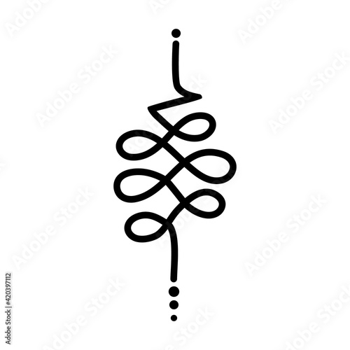 Outline Unalome Sacred Buddhist Symbol. Black line isolated on white background.Yoga Studio Logo Design. Tattoo design. Hindu style. Vector illustration