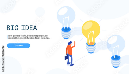 Big idea concept. Man with a raised hand stands in front glowing lamp. Can use for web banner. Isometric vector illustration.