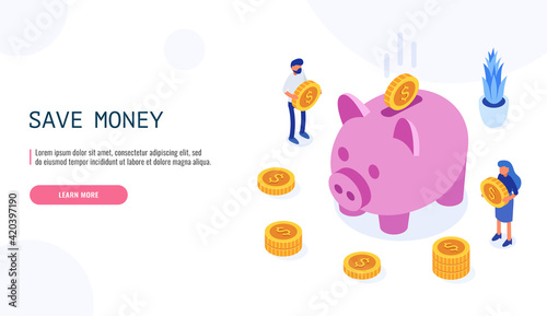 Money saving concept. Big piggy bank and people are standing beside. Isometric web banner. Vector illustration.