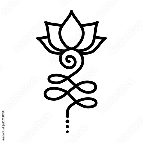 Outline Unalome Lotus. Black Flower isolated on white background. Sacred Buddhist Floral Symbol. Yoga Studio Logo Design. Tattoo design. Hindu style. Vector illustration