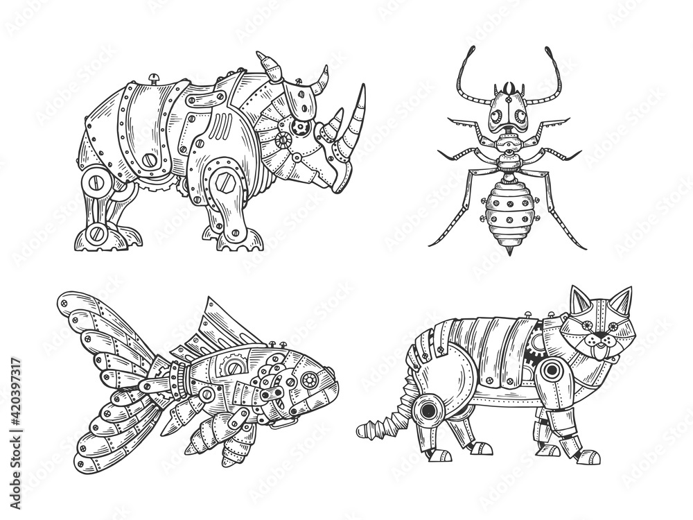 Mechanical animal set sketch raster illustration