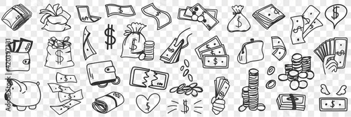 Money and finance doodle set. Collection of hand drawn cash savings piggybank scale with dollars currency stack of coins money savings isolated on transparent background