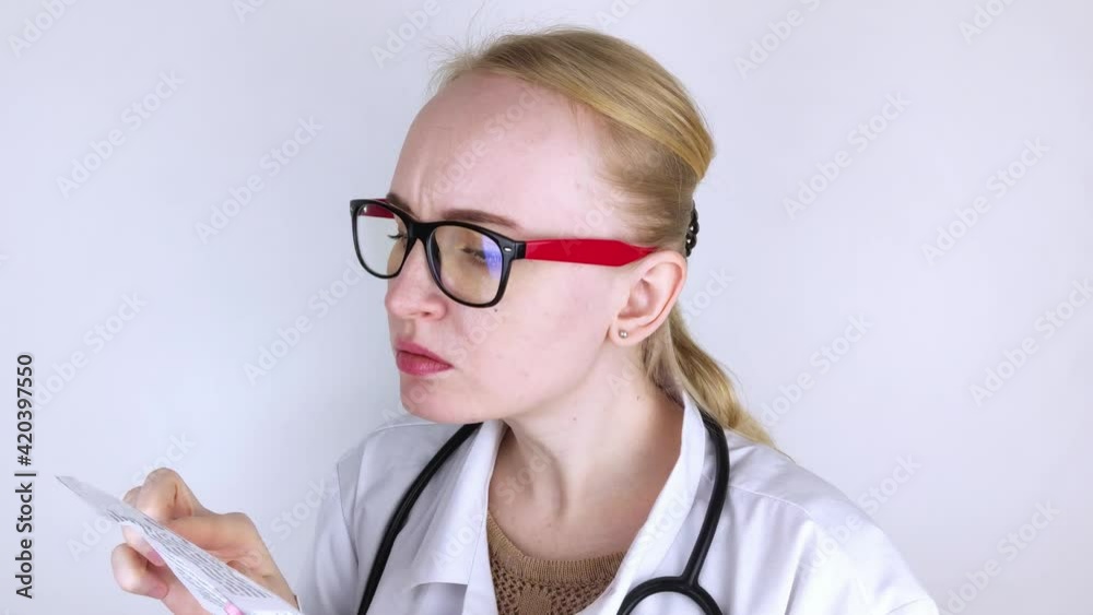 The doctor on a white background reads the instructions for medicines. The specialist looks at the list and composition of the drug. The concept of a professional treatment appointment, The doctor on a white background reads the instructions for medicines. The specialist looks at the list and composition of the drug. The concept of a professional treatment appointment,