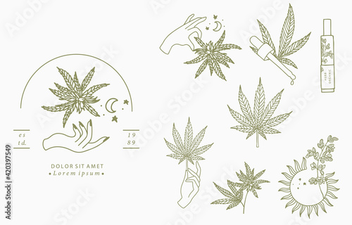 cannabis collection with bottle,sun,hand.Vector illustration for icon,sticker,printable