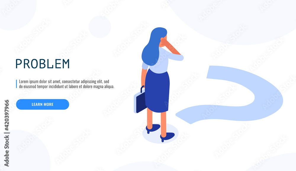 Problem concept. Woman thinking about the problem. Isometric web banner. Vector illustration.