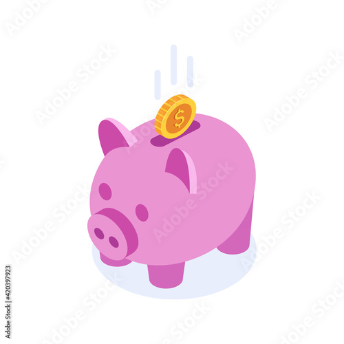 Isometric piggy bank. Concept of saving money in isometric 3D style. Vector illustration.