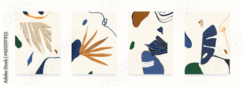Modern abstract illustrations with shapes and plants. Contemporary wall decor. Collection of creative artistic posters. 