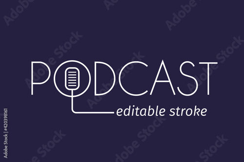 Podcast linear styled concept. Webcast logo design for radio or broadcasting. Vector outline icon of studio table microphone with podcast text
