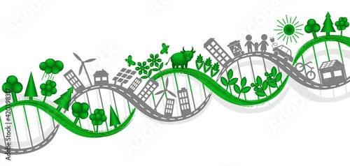 Vector illustration of DNA interweaving of human life and industry with nature. Creative design element for environmental concepts. Set of simple eco icons