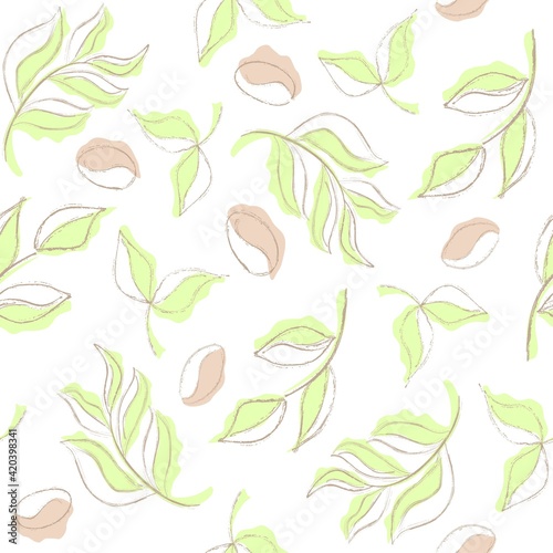 Vector seamless floral coffee and tea texture. A pattern of hand-drawn by pencil  linear sketches of coffee beans and tea leaves on a background of colored spots