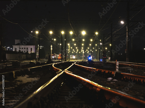 a railway station at night